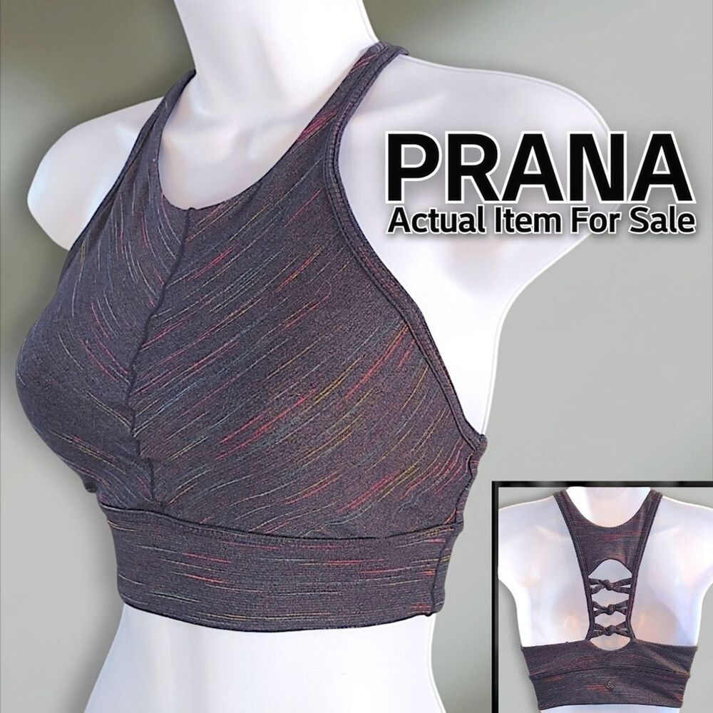 prAna Itzel High Neck Open Back Grey Pink Blue Yellow Sports Bra Womens XS